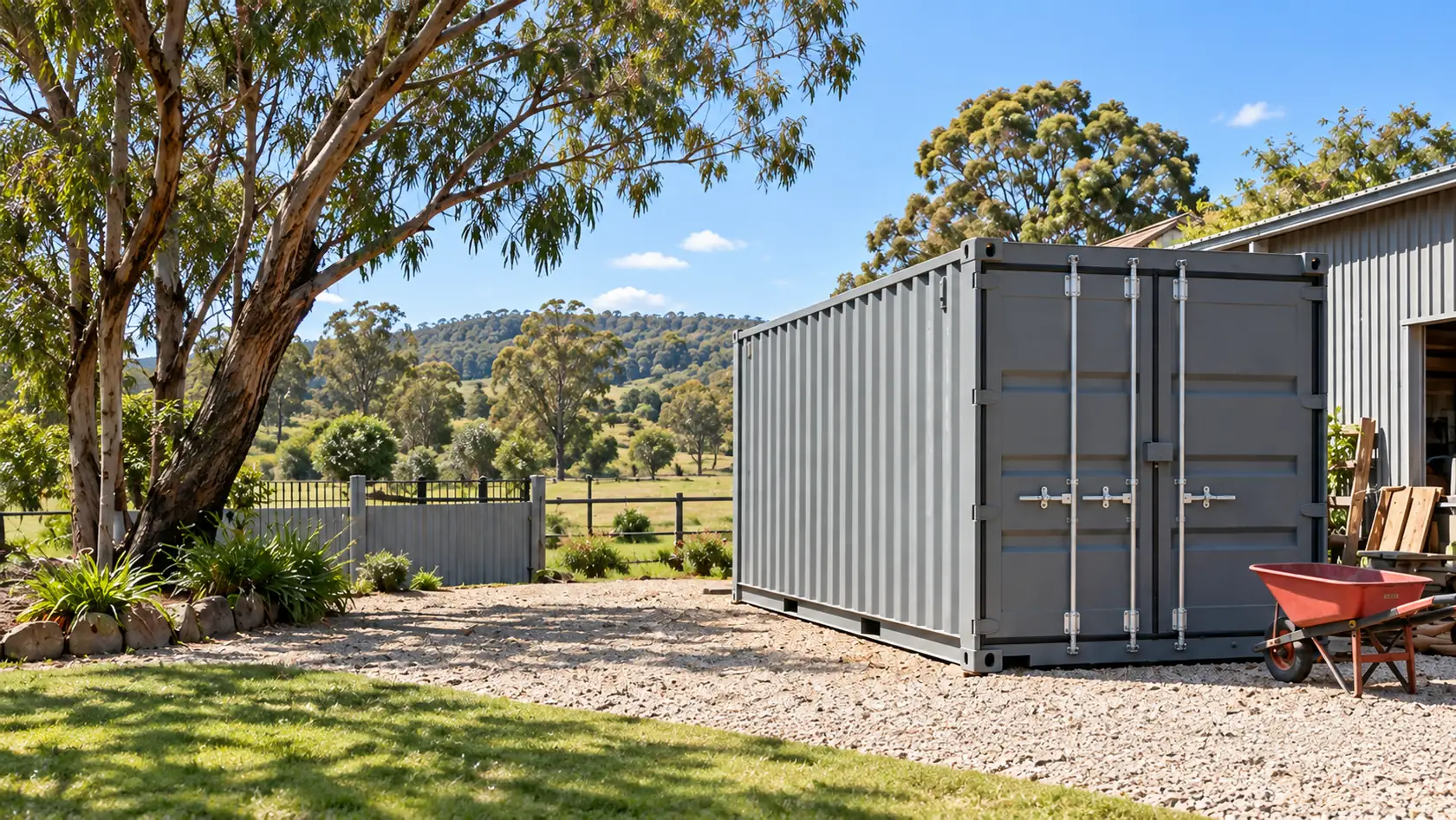 Illustration of a grey shipping container beside an Australian shed and gum trees